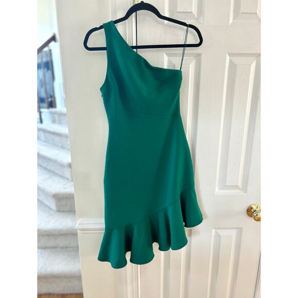 Cinq a Sept Kelly Green One Shoulder Ruffle Hem Mini Sheath Dress - Picture 2 of 7